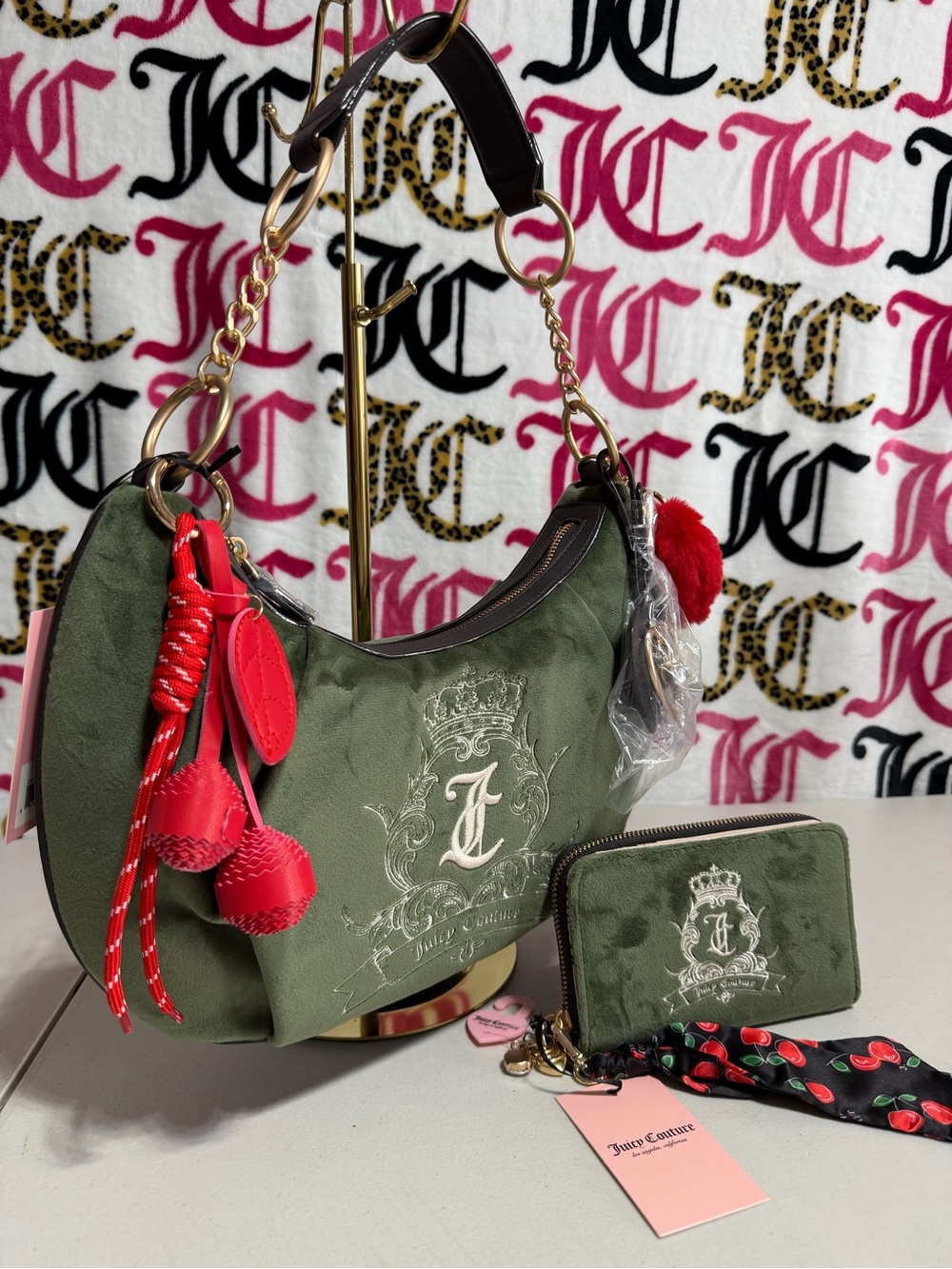 Juicy Couture Olive Green Shoulder Hobo with Red Charm Details